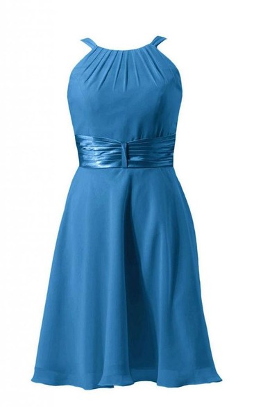 Sleeveless Ruched Sash Knee-length Layered Chiffon Dress