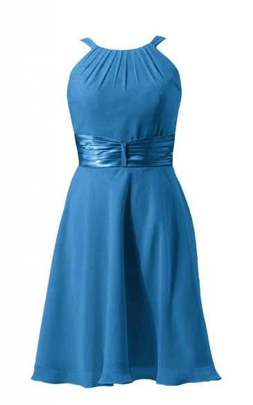 Sleeveless Ruched Sash Knee-length Layered Chiffon Dress