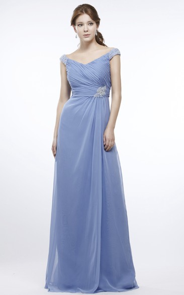 Maxi Ruched Cap Sleeve V-Neck Chiffon Prom Dress With Beading
