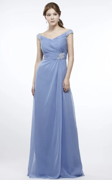 Maxi Ruched Cap Sleeve V-Neck Chiffon Prom Dress With Beading