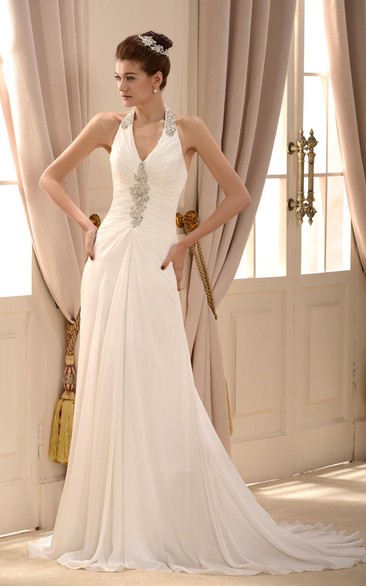 Elegant Chiffon A-line Halter Floor Length Pleat Wedding Dress Styles