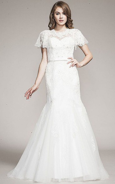 Mermaid Short-Sleeve Caped Floor-Length Lace&Tulle Wedding Dress With Appliques And Beading