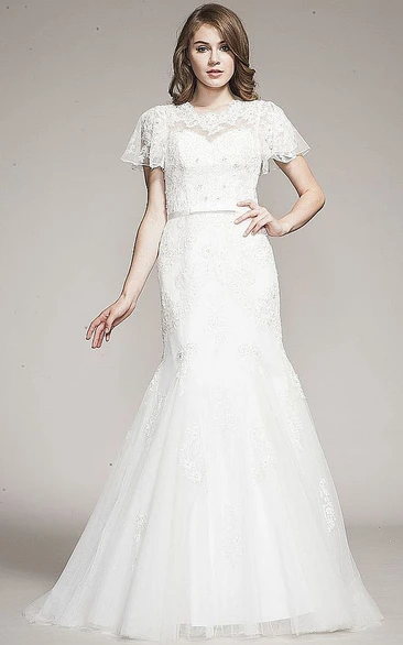 Mermaid Short-Sleeve Caped Floor-Length Lace&Tulle Wedding Dress With Appliques And Beading