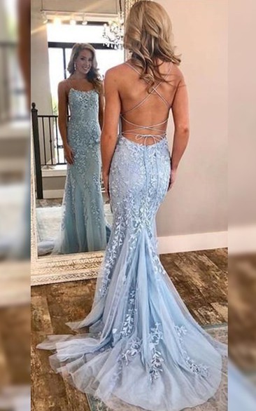 Sexy Sheath Sky Blue Prom Lace Applique Mermaid Spaghetti Backless Dress