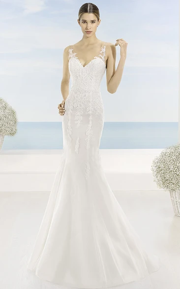 Sheath Sleeveless Floor-Length V-Neck Appliqued Lace Wedding Dress With Sweep Train And Deep-V Back