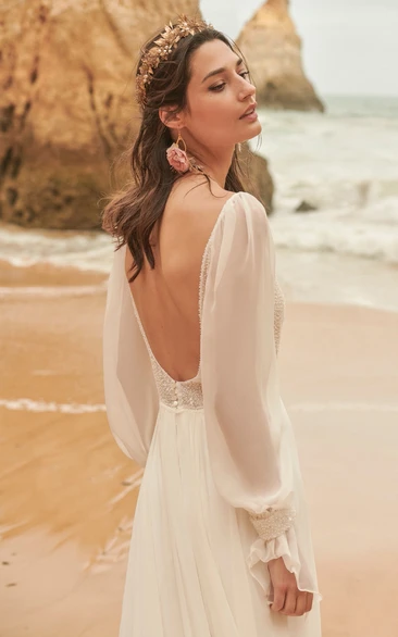Beach V-Back Chiffon Boho Illusion Long Sleeve Wedding Dress with Beaded Top