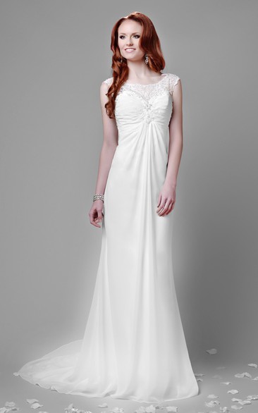 Empire Chiffon Bateau Neck Wedding Dress With Keyhole Back And Lace Top