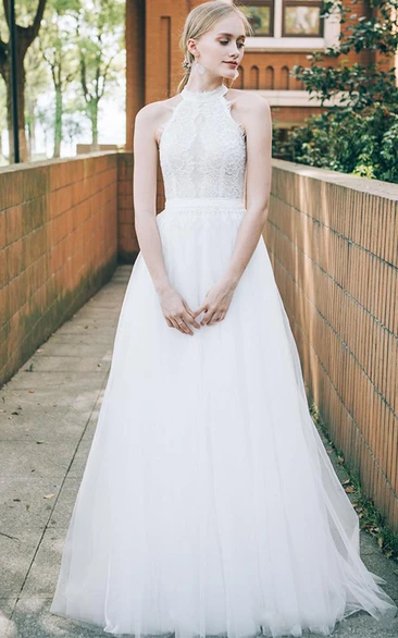 Lace Tulle Floor-length A Line Sleeveless Elegant Ethereal Wedding Dress