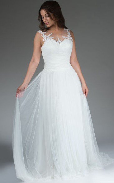 Illusion Neck Embroidered Top A-Line Bridal Gown With Tulle Skirt
