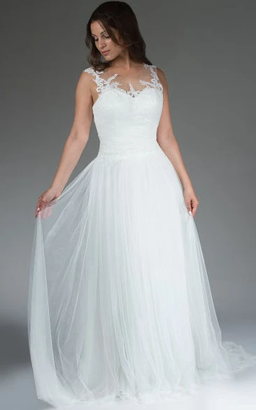 Illusion Neck Embroidered Top A-Line Bridal Gown With Tulle Skirt