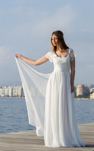 Scoop Cap Backless Long Chiffon Boho Wedding Dress With Flower And Lace