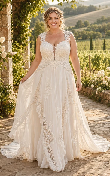 Robe de mariée grande taille en dentelle et tulle, coupe trapèze, décolleté cœur et bretelles
