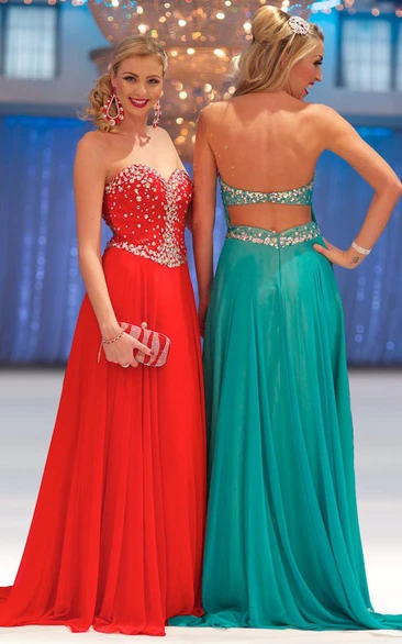 Sleeveless Beaded Sweetheart Chiffon Prom Dress With Pleats And Backless