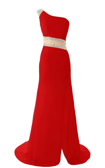 One-shoulder Slit Sweep Train With Crystal Belt