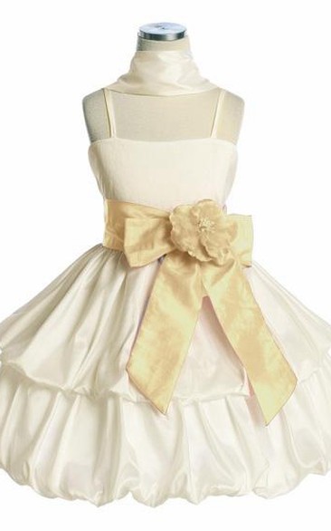 Knee-Length Floral Tiered Cap-Sleeve Taffeta Flower Girl Dress With Cape