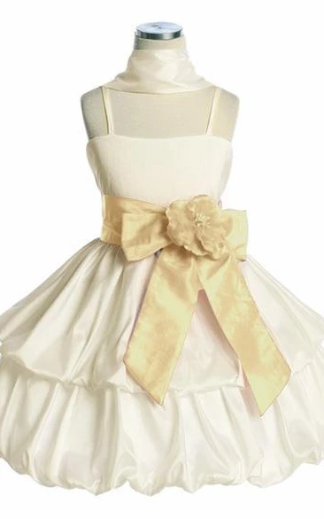 Knee-Length Floral Tiered Cap-Sleeve Taffeta Flower Girl Dress With Cape