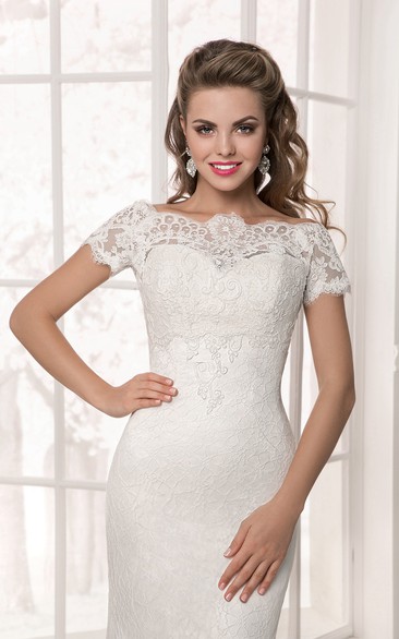 Floor Length Short Sleeve Lace Applique Sheath Dress - Dorris Wedding