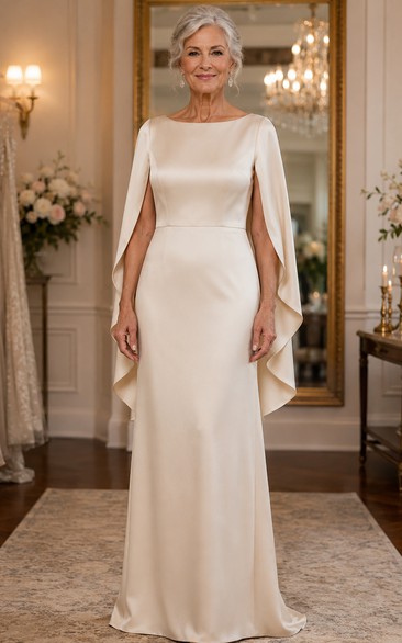 Cape Sleeve Sheath Older Brides Wedding Dress in Simple Satin