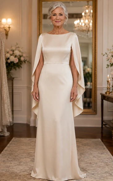 Cape Sleeve Sheath Older Brides Wedding Dress in Simple Satin
