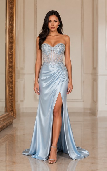 Satin Prom Dress in Sky Blue, Strapless, Sweetheart Mermaid Sweep Train Gown with Beading