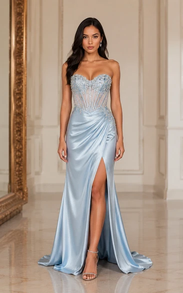 Satin Prom Dress in Sky Blue, Strapless, Sweetheart Mermaid Sweep Train Gown with Beading