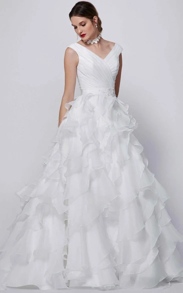 A-Line Cap-Sleeve Long V-Neck Ruched Organza Wedding Dress With Ruffles And Tiers