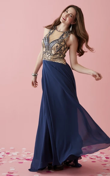 A-Line Long Scoop-Neck Sleeveless Chiffon Illusion Dress With Beading