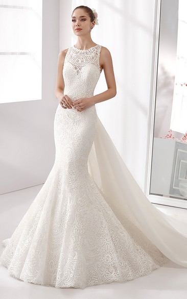 Jewel-Neck Mermaid Lace Wedding Dress With Sheath Style And Detachable Back Bow Train