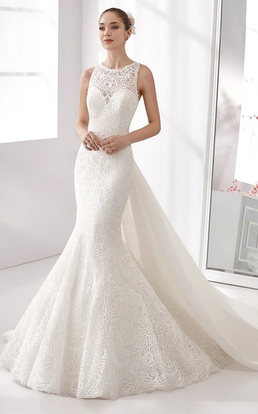 Jewel-Neck Mermaid Lace Wedding Dress With Sheath Style And Detachable Back Bow Train