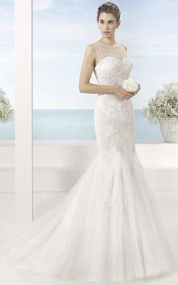 Trumpet Scoop Floor-Length Sleeveless Appliqued Lace Wedding Dress With Court Train And Illusion Back