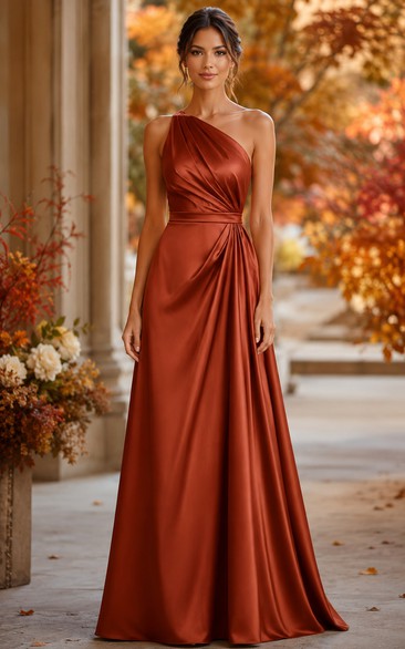 Papaya Satin One-Shoulder A-Line Bridesmaid Dress
