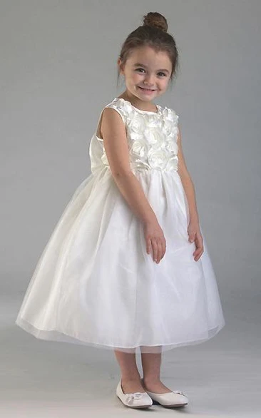 Tea-Length Tiered Tulle&Organza Flower Girl Dress