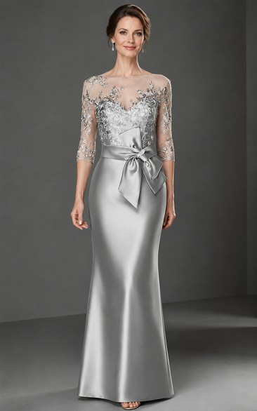 Satin Mother of the Bride Dress in Silver, Bateau Sheath Floor-Length Gown with Lace and Bow(s)