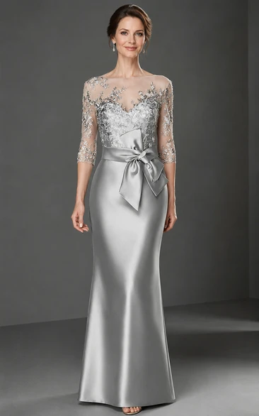 Satin Mother of the Bride Dress in Silver, Bateau Sheath Floor-Length Gown with Lace and Bow(s)