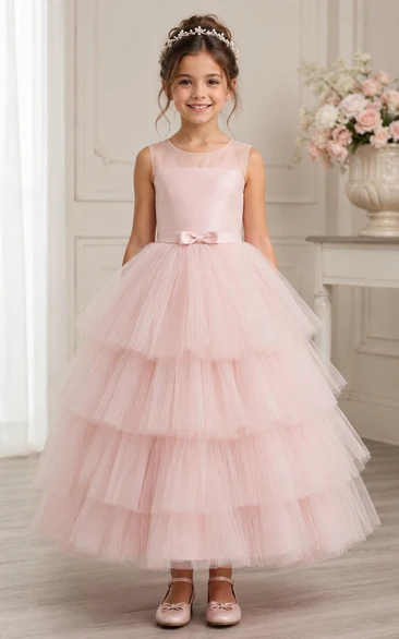 A-line Tea-length Sleeveless Tulle Flower Girl Dress with Pink sleeveless bodice with layered tiered tulle