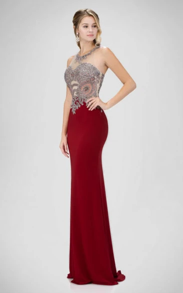 Sheath Floor-Length V-Neck Sleeveless Jersey Dress With Crystal Detailing