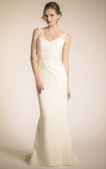 Sheath Appliqued Sleeveless Floor-Length V-Neck Lace Wedding Dress With Bow