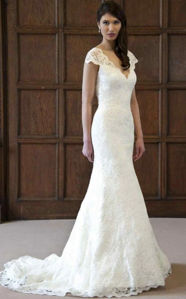 Mermaid Cap-Sleeve V-Neck Lace Wedding Dress With Keyhole