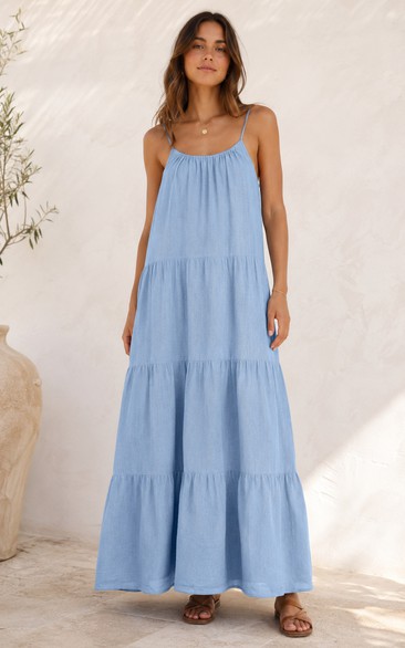 Sky Blue Tiered Spaghetti Strap A-Line Maxi Dress