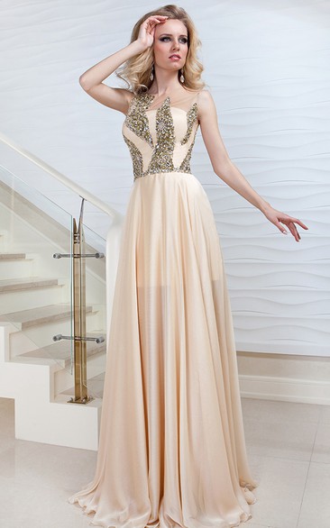 Sheath Floor-Length Sleeveless Scoop-Neck Beaded Satin Prom Dress