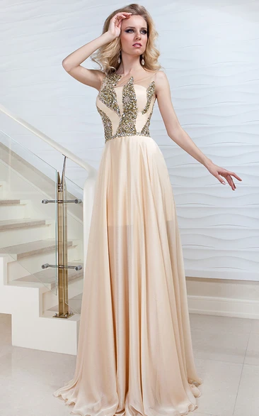 Sheath Floor-Length Sleeveless Scoop-Neck Beaded Satin Prom Dress