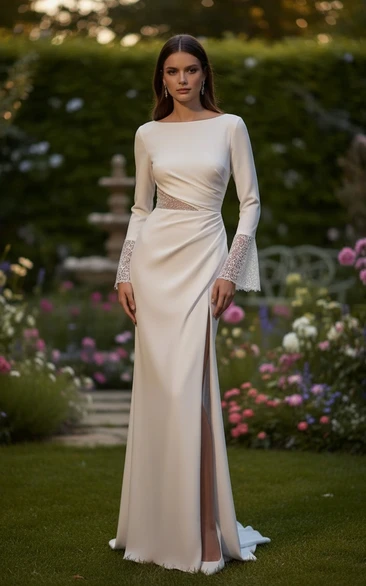 Long Sleeve High Slit Elegant Sheath Wedding Dress with Lace