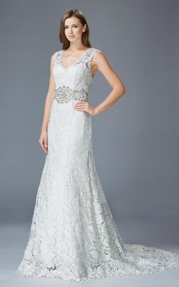 Sheath Long V-Neck Lace Court Train Keyhole Dress With Beading And Waist Jewellery