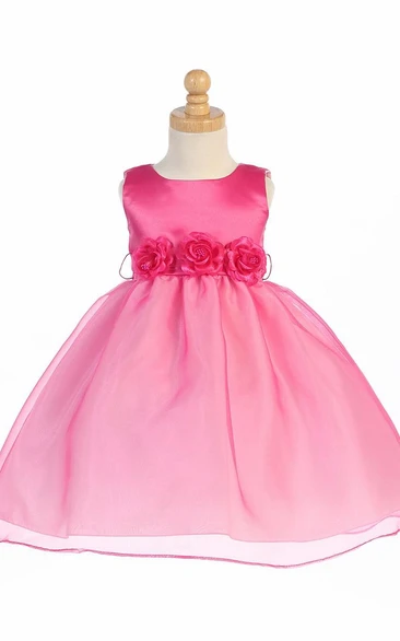 Tea-Length Tiered Sleeveless Organza&Satin Flower Girl Dress