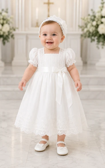 Baby Christening Gown Modest A-Line Puff Sleeve Tulle Lace Tea-Length with Bow Sash in White