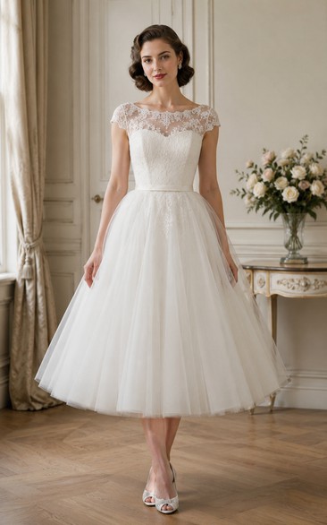 White Tea-Length Tulle Lace Cap Sleeve Vintage Wedding Dress