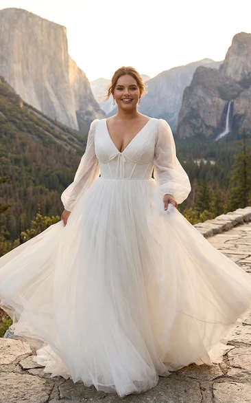 Plus Size V-Neck Tulle Wedding Dress with Bishop Sleeves and Corset Bodice