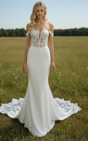 Boho Off-the-Shoulder Sheath Wedding Dress with Court Train