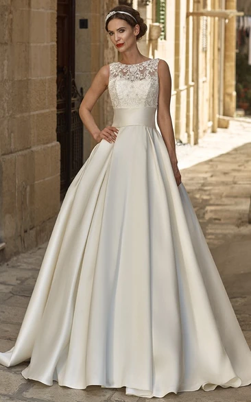 A-Line Sleeveless Floor-Length Appliqued Jewel-Neck Satin Simple Wedding Dress