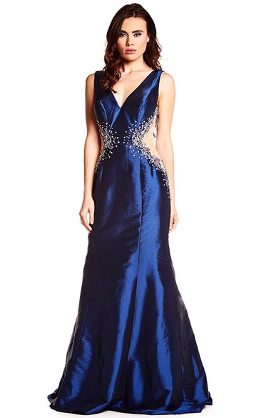 Sleeveless Beaded Maxi V-Neck Satin Prom Dress With Deep-V Back